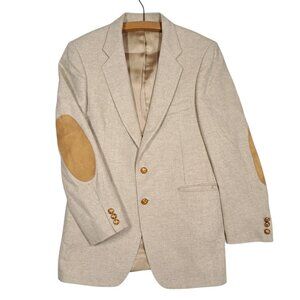 Mens FIORAVANTI Herringbone Blazer Beige Sport Coat 41R Elbow Patches Jacket Vtg